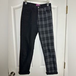 Small half plaid half black jeans.